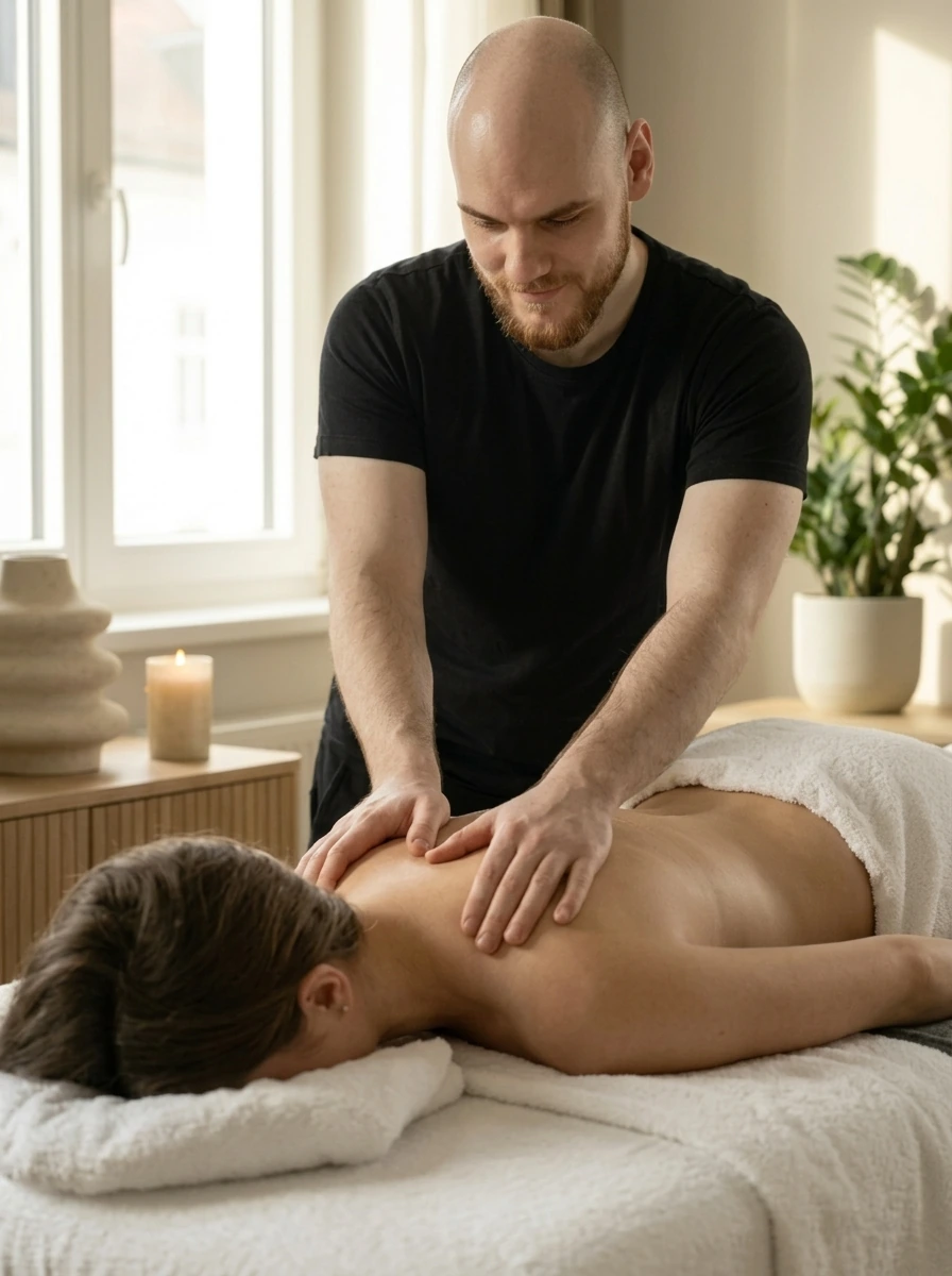 Persönliche Massage durch den mobilen Masseur in einem hellen Wohnraum