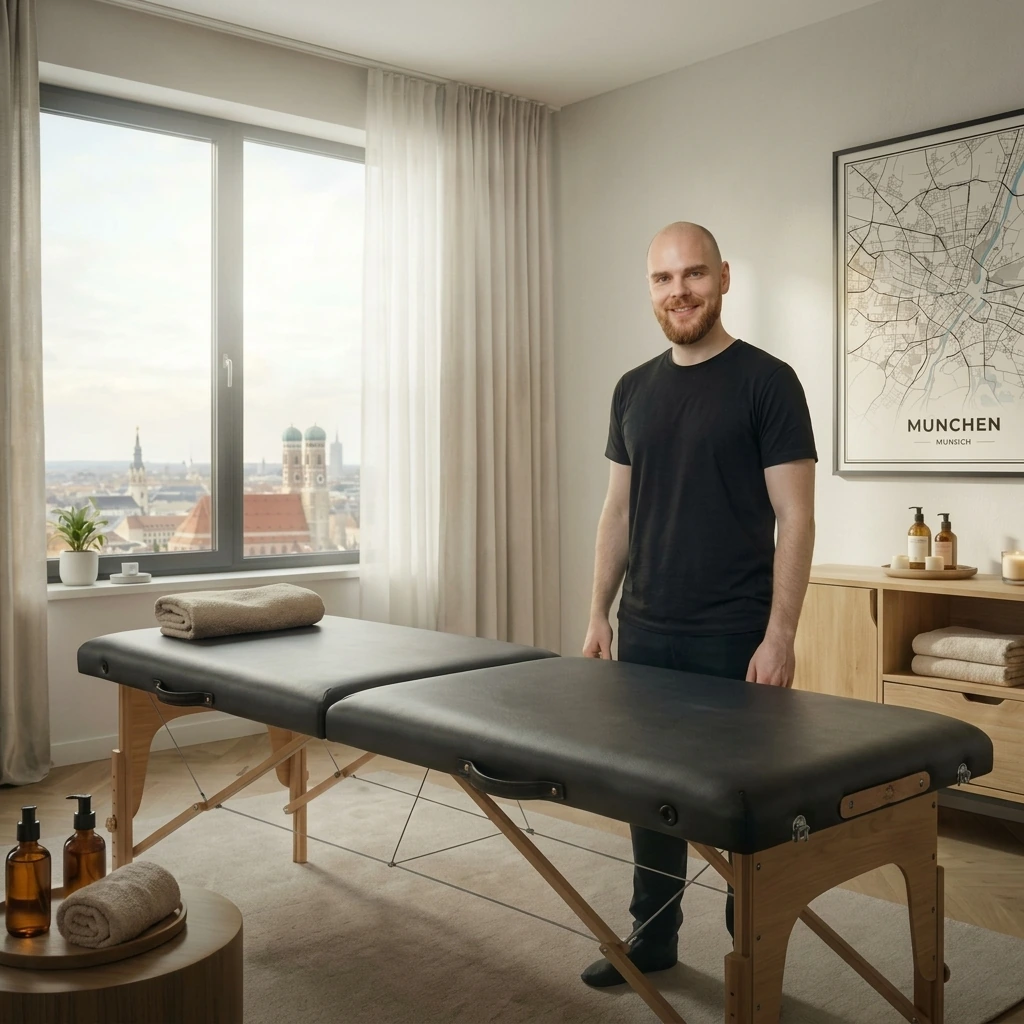 Mobile Massageliege und Equipment in einer Münchner Wohnung