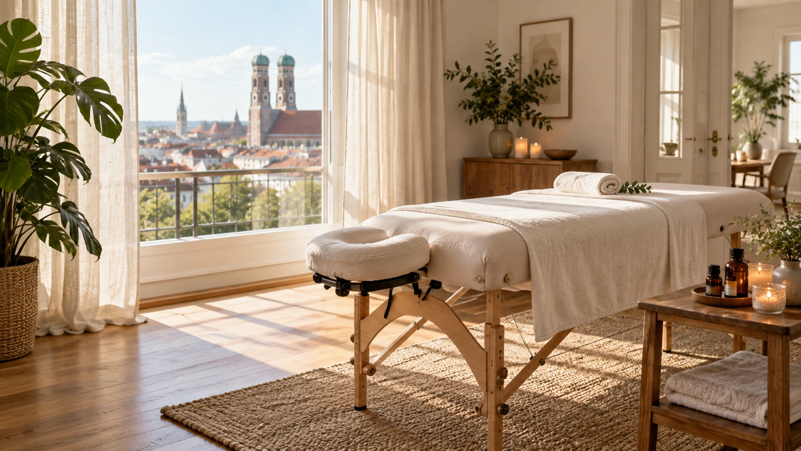 Stimmungsbild einer vorbereiteten mobilen Massageliege mit Handtüchern und Ölen