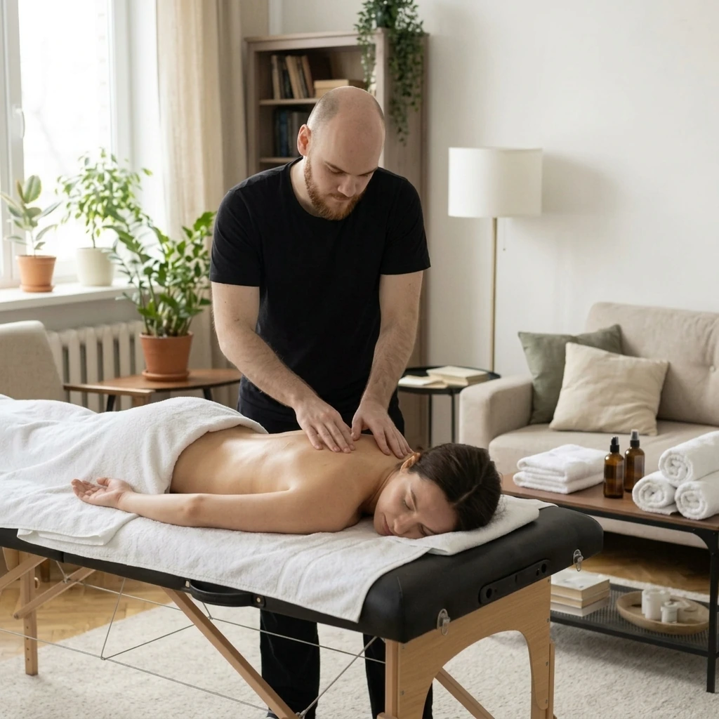 Massage des Rückens auf einer mobilen Massageliege