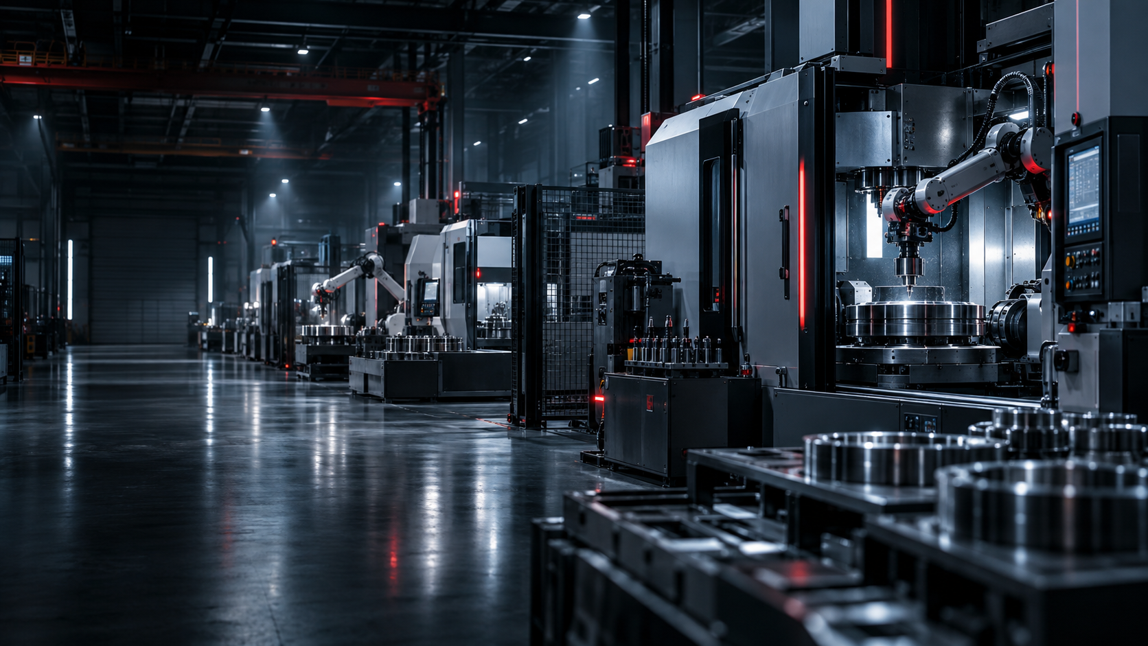 Dunkle automatisierte Produktionshalle mit Präzisionsmaschinen