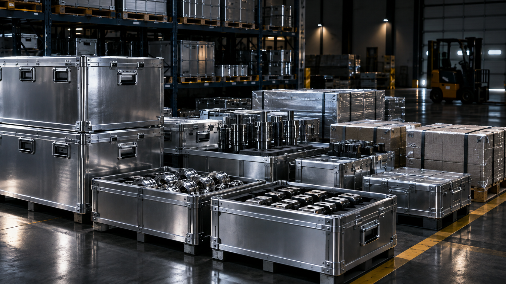 Geordnete metallische Transportboxen in einer dunklen Logistikumgebung