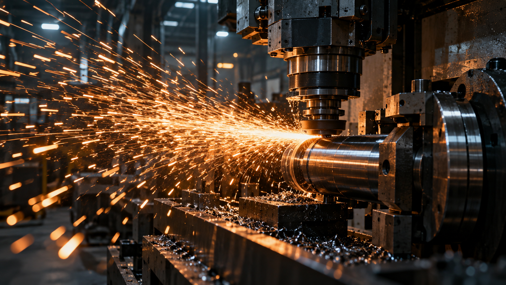 Metallbearbeitung mit leuchtenden Funken in dunkler Fertigungsumgebung