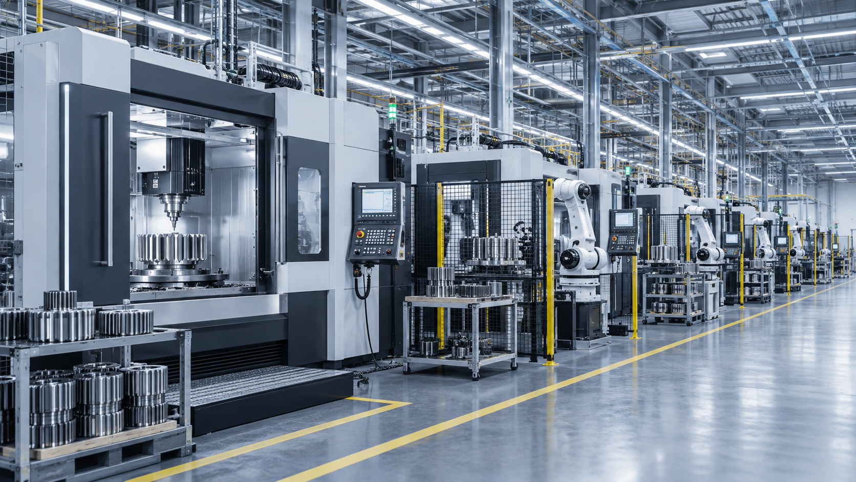 Stilisierte moderne Produktionslinie mit mehreren Maschinenzellen