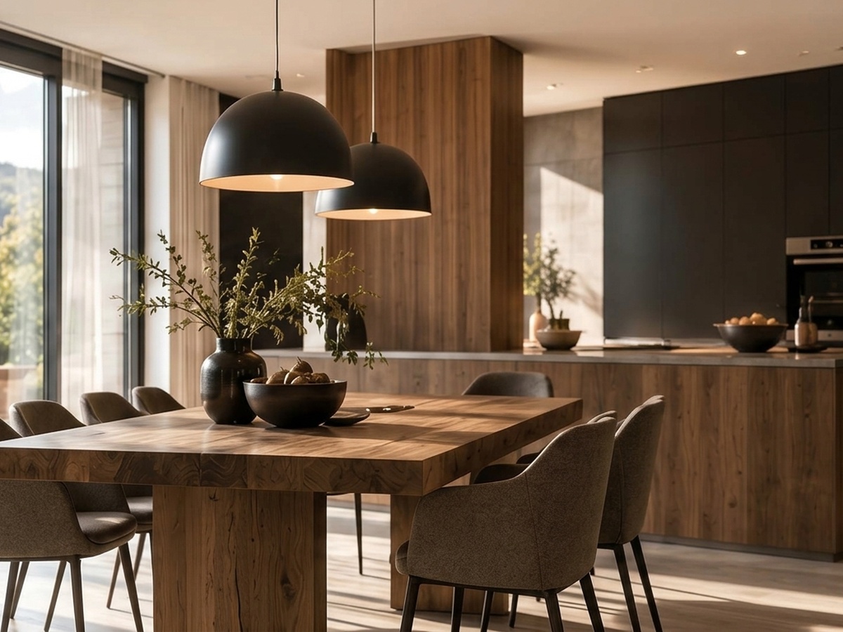 Heller Essbereich mit großem Holztisch in einem Designhotel