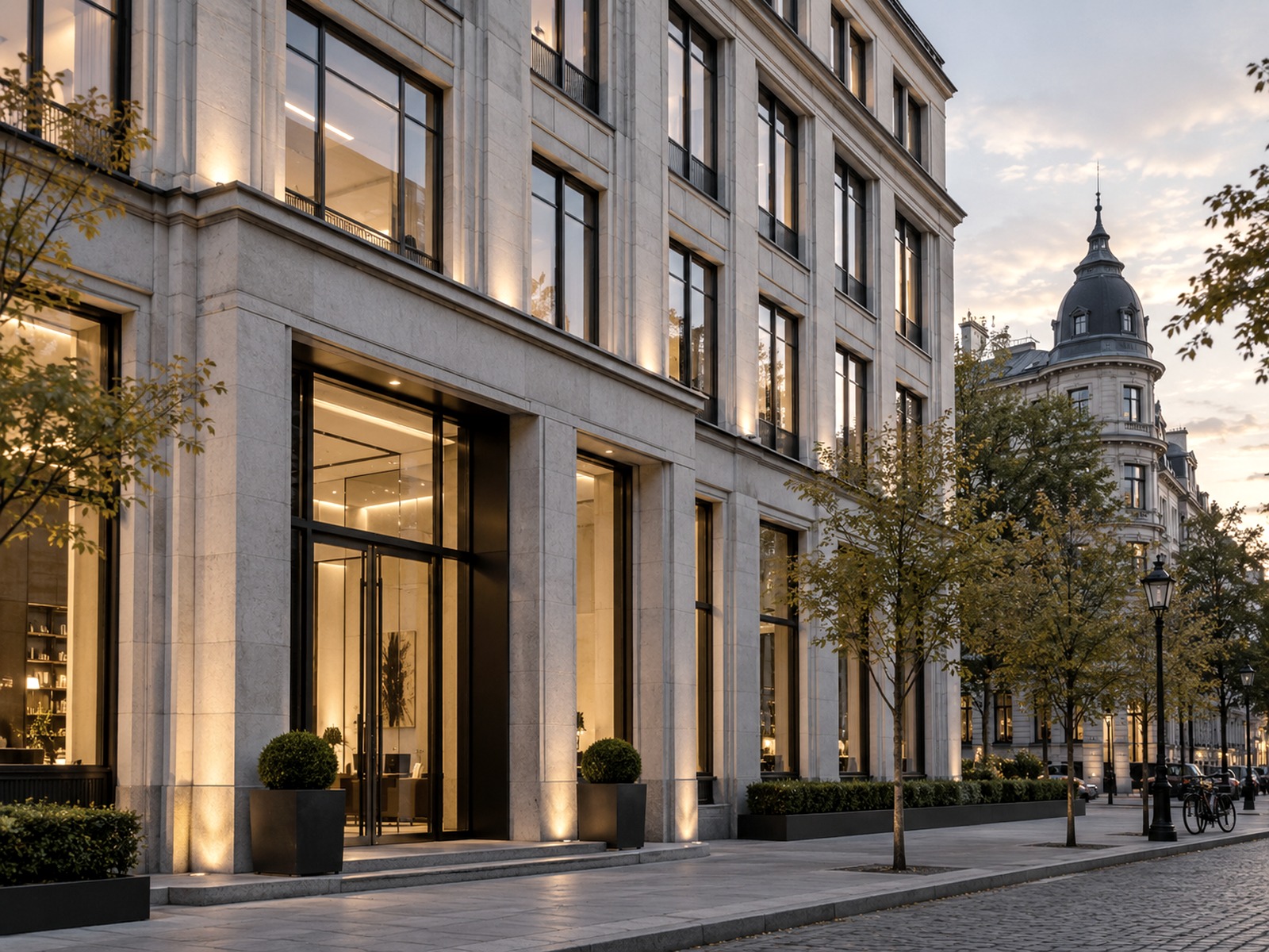 Elegante helle Steinfassade eines Designhotels in ruhiger Stadtlage am Abend
