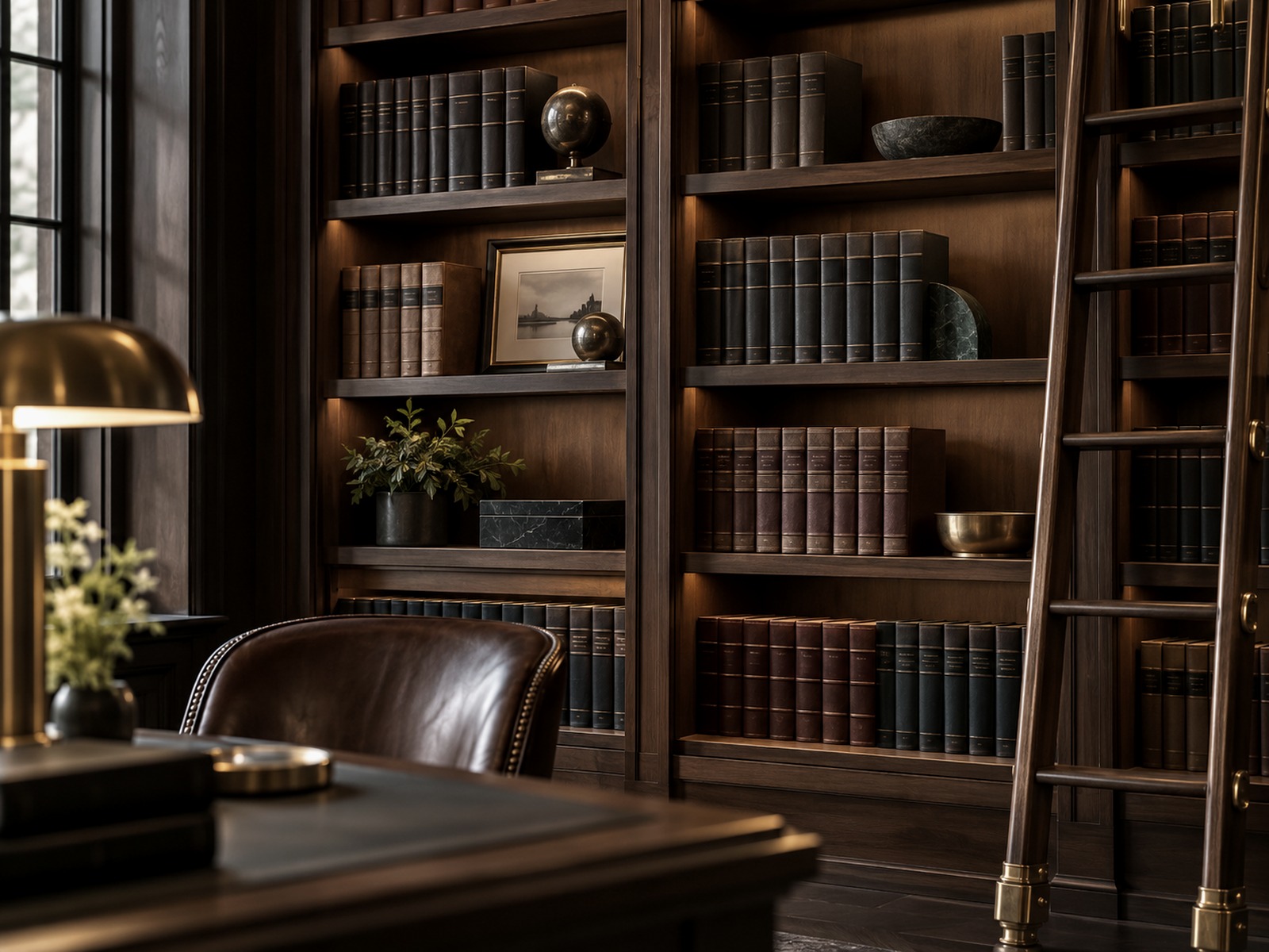 Warme Bibliothek mit dunklen Holzregalen und ruhigem Lesebereich