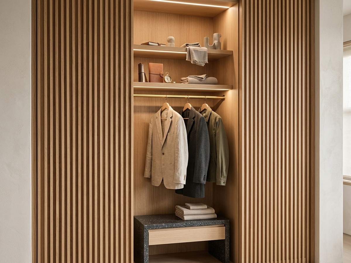 Minimalistische Garderobe und Einbauten in einer Hotelsuite