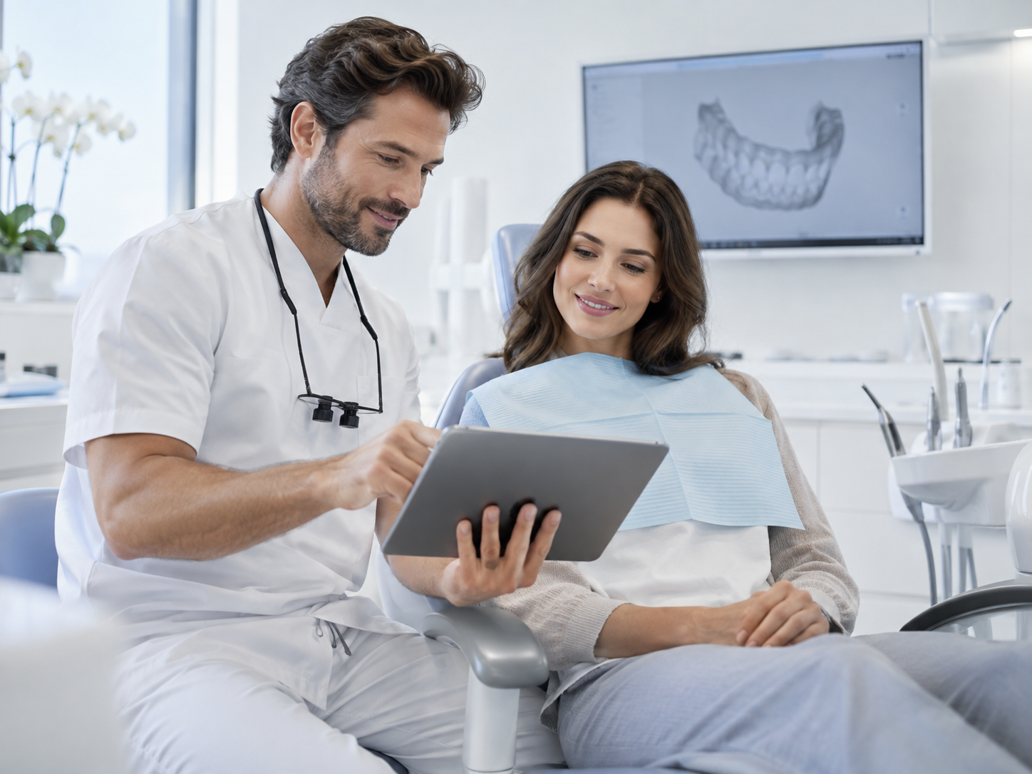 Zahnarzt erklärt einer Patientin am Tablet einen digitalen Behandlungsplan.