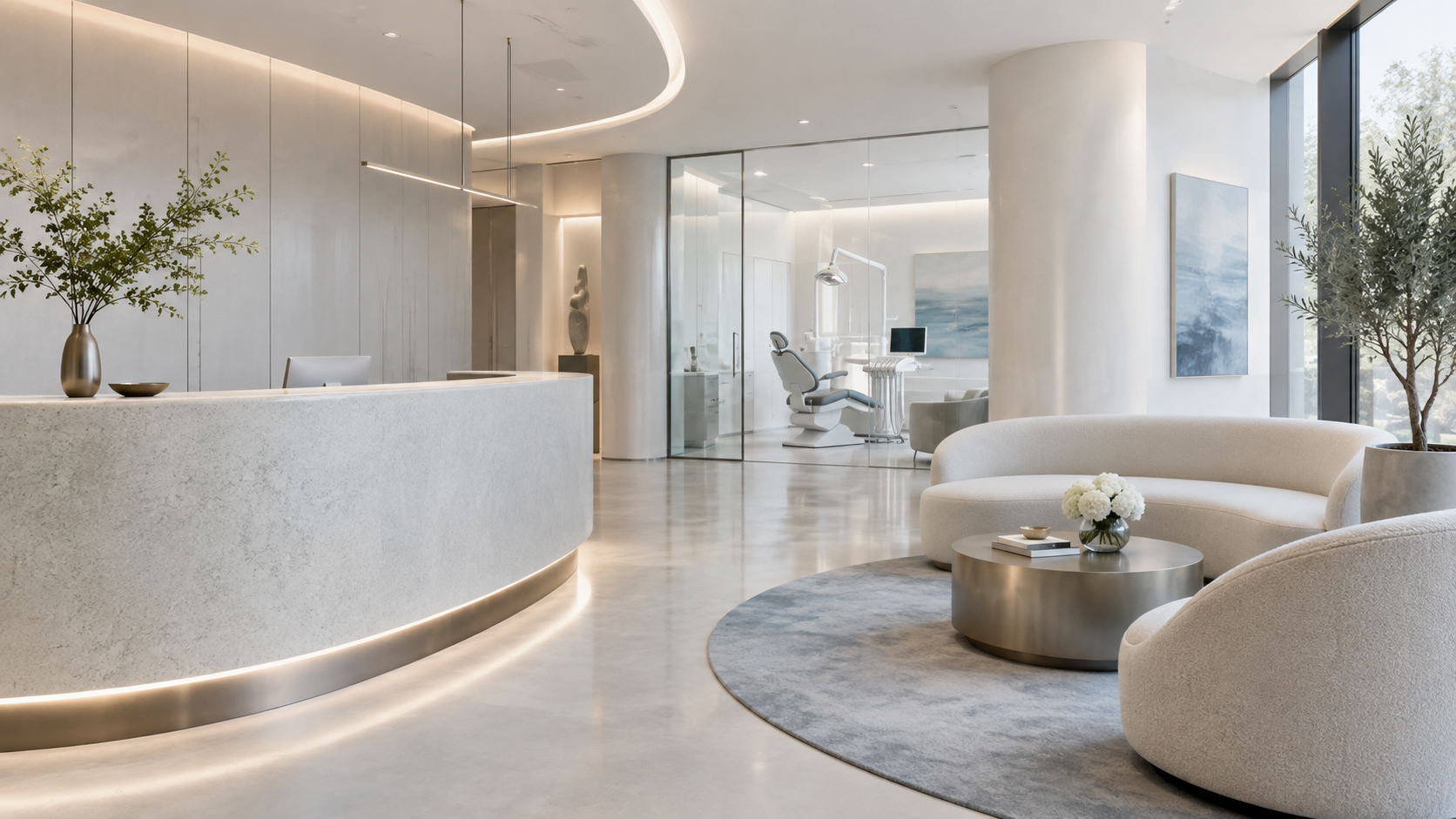 Minimalistische Lounge und Empfangsbereich einer hochwertigen Zahnarztpraxis.