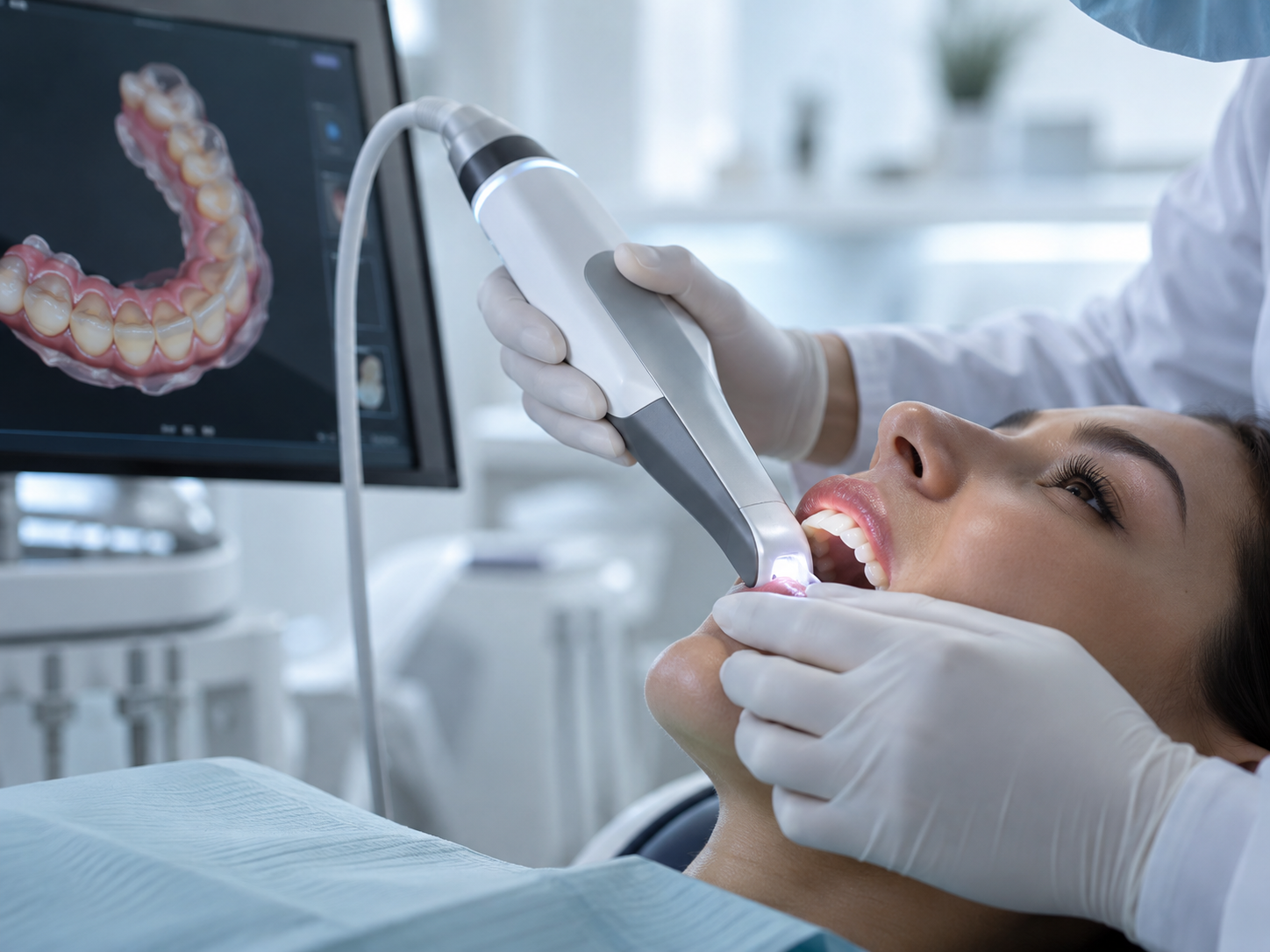 Intraoraler Scanner erfasst die Zähne einer Patientin digital.