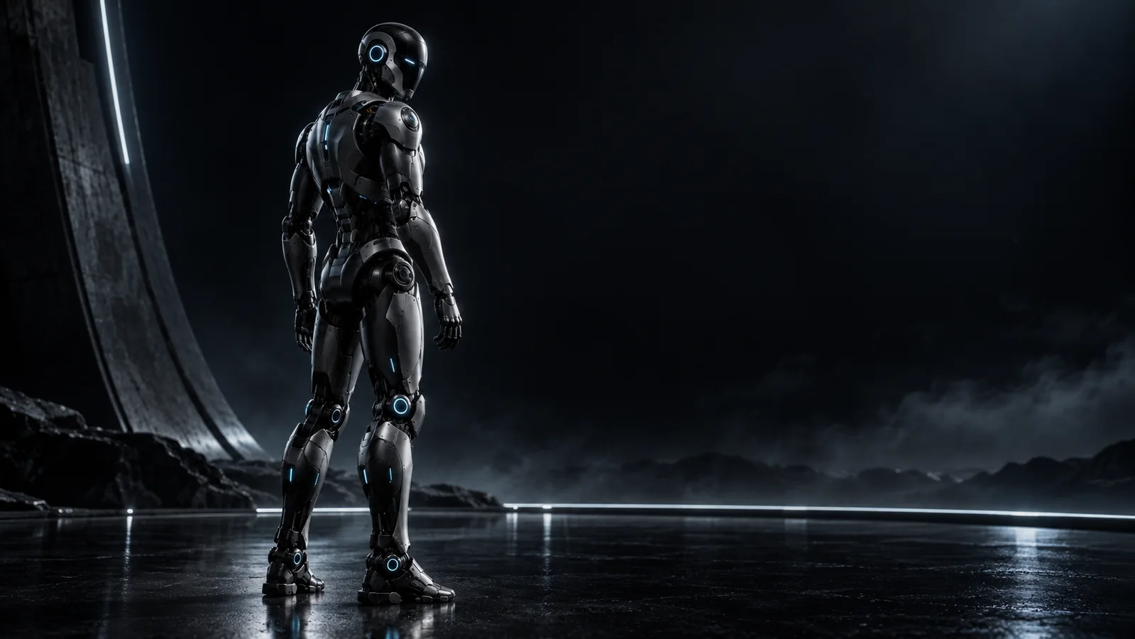 Humanoid robot looking toward a futuristic city horizon