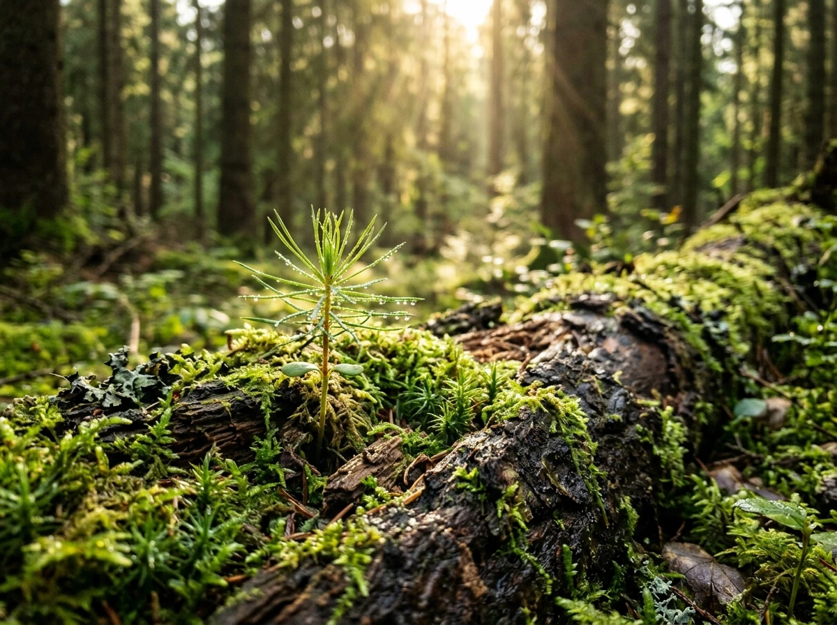 Junge Pflanze auf moosigem Holz im Wald