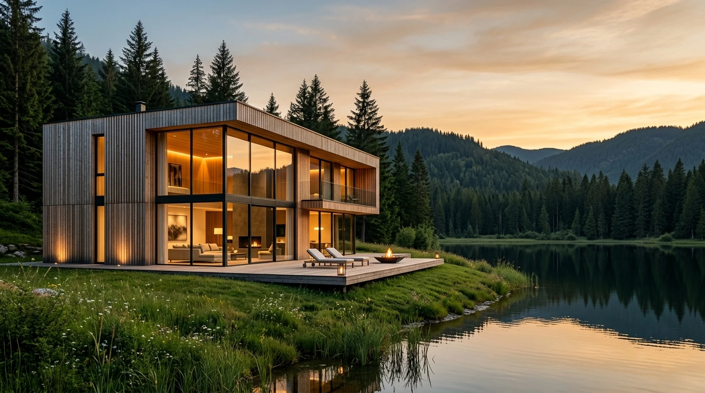 Modernes Holzhaus am See in alpiner Landschaft bei warmem Abendlicht