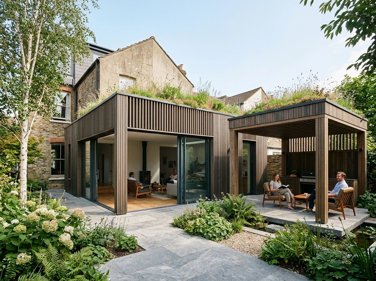 Moderner Holzanbau mit großer Glasfront
