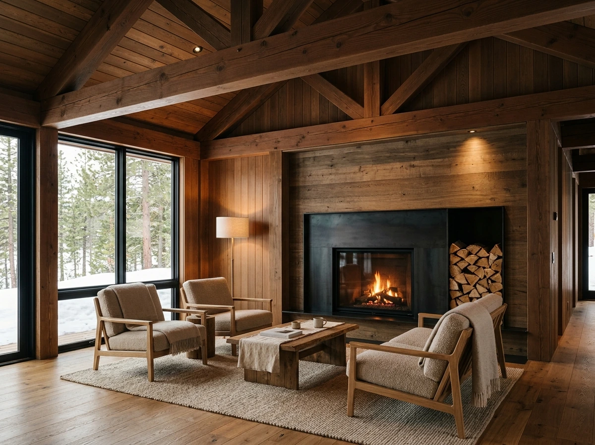 Warmer Innenraum eines Holzhauses mit Kamin und natürlicher Materialität