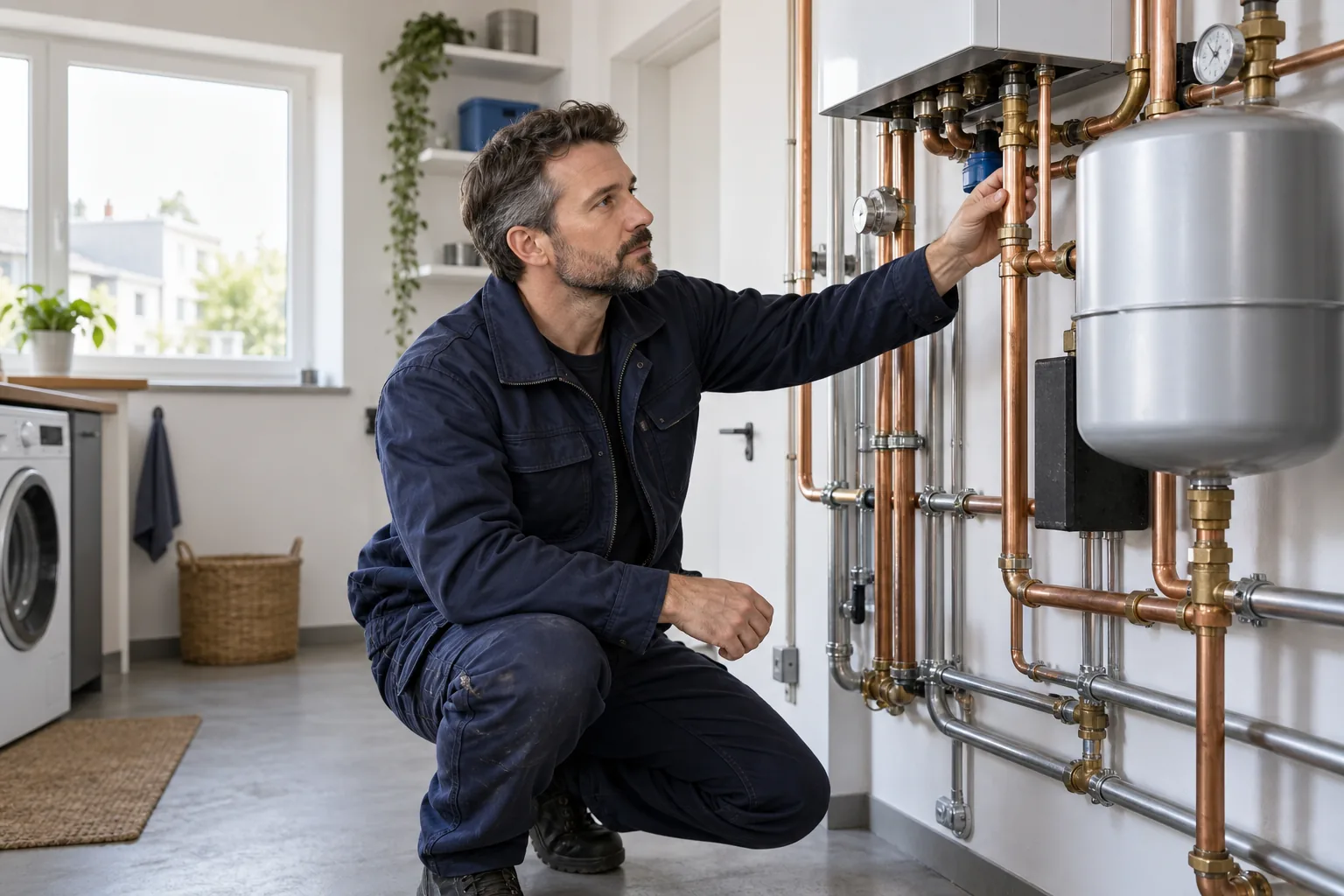 Sanitärtechniker prüft eine moderne Heizungs- und Rohrinstallation