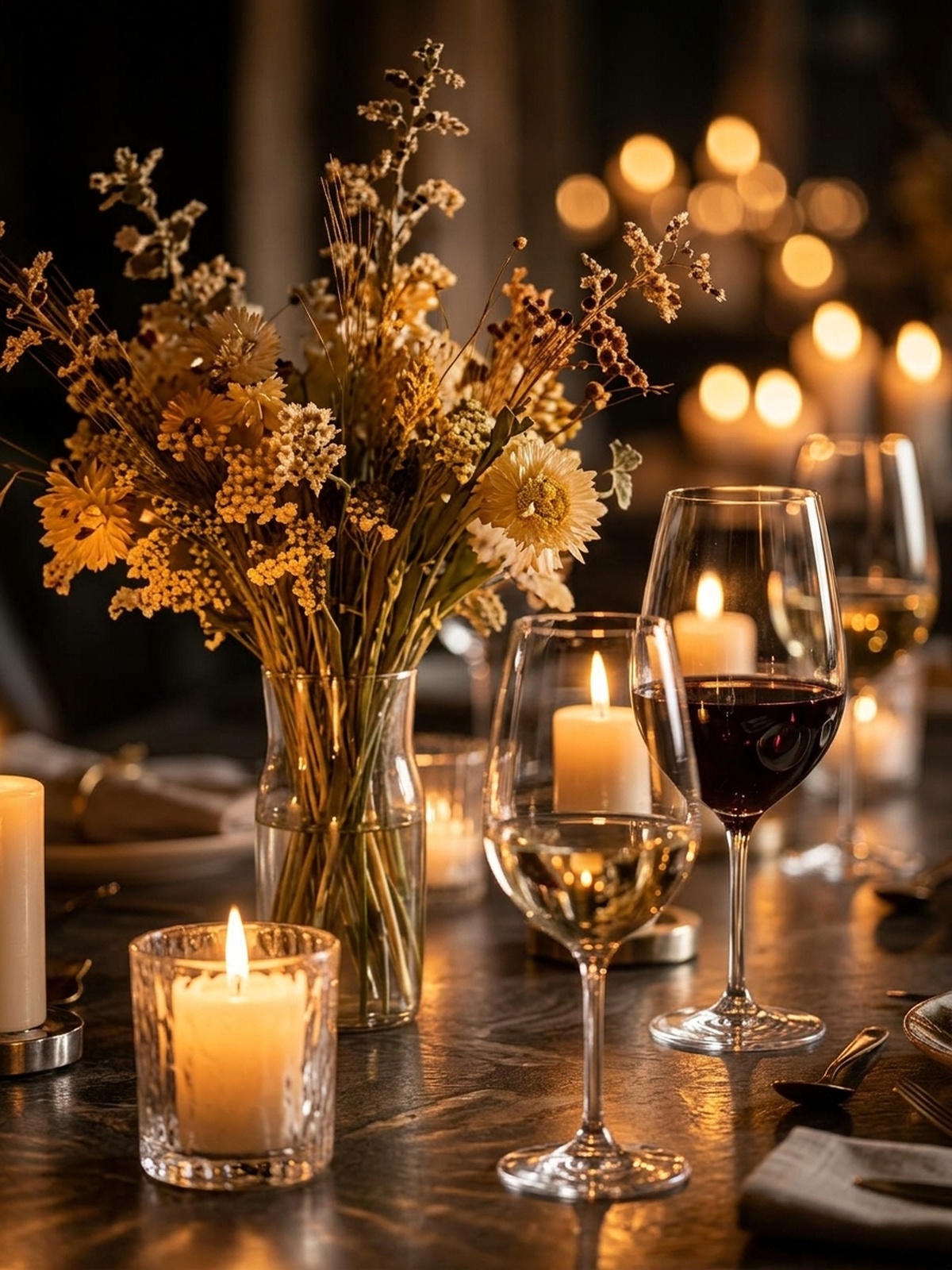 Elegant gedeckter Dinner-Tisch mit Kerzenlicht