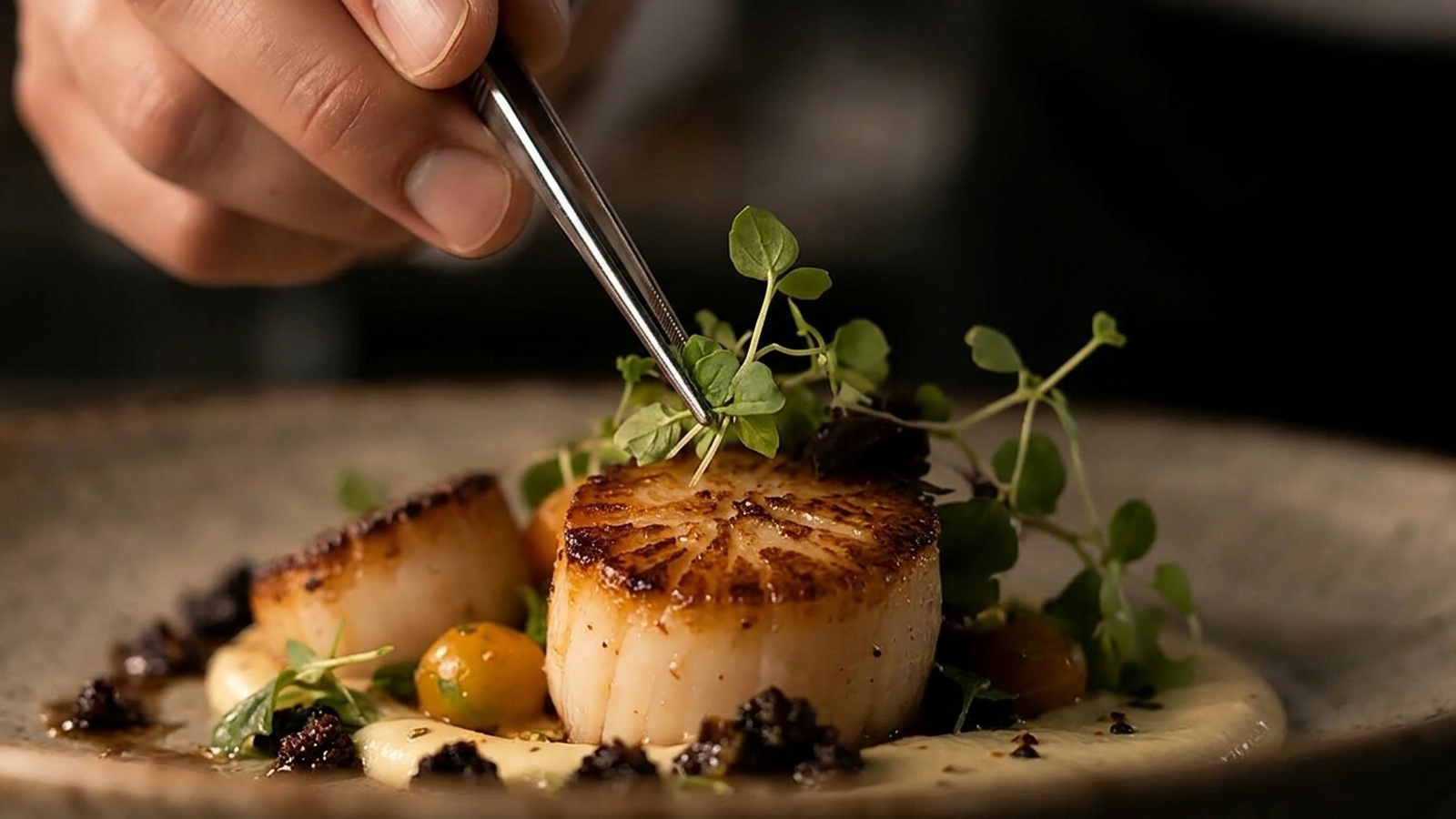 Chef richtet ein Fine-Dining-Gericht präzise mit Pinzette an