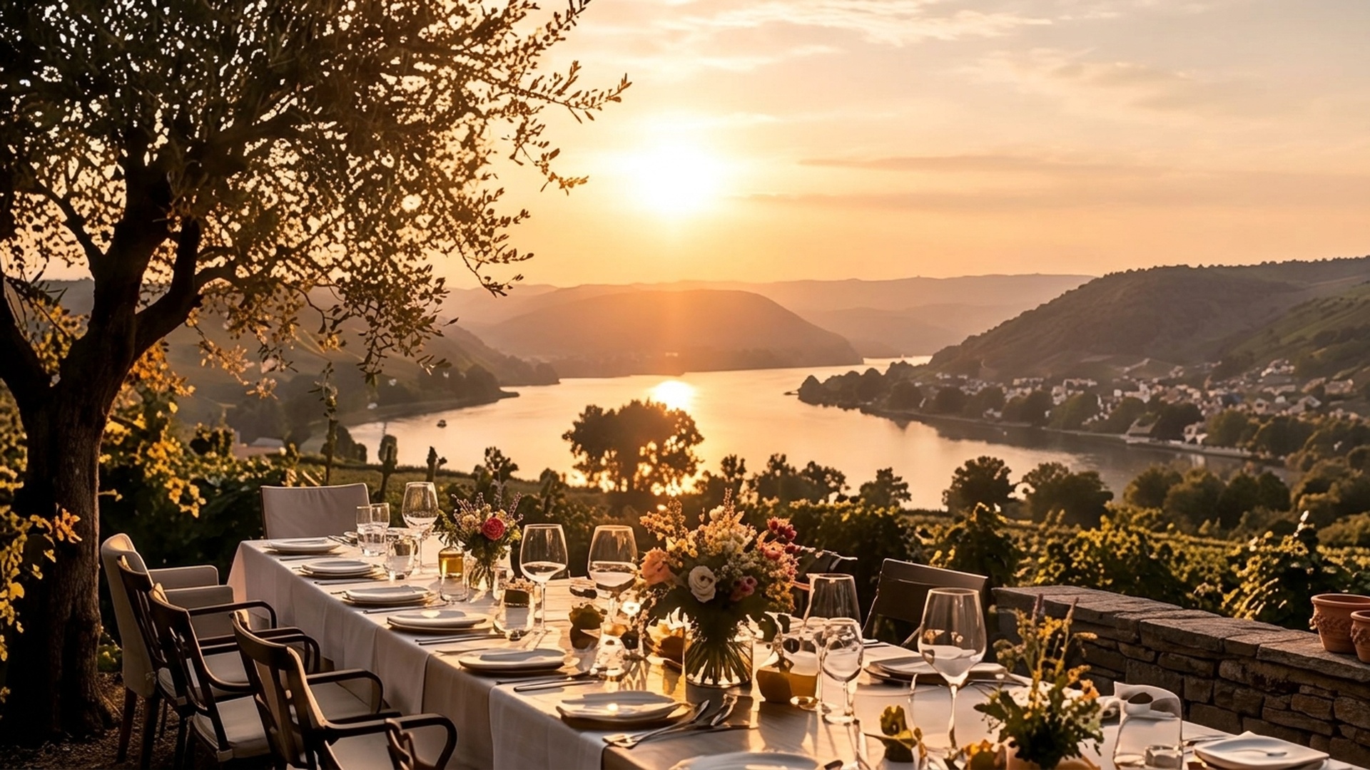 Exklusiv gedeckter Dinner-Tisch auf einer Terrasse bei Sonnenuntergang