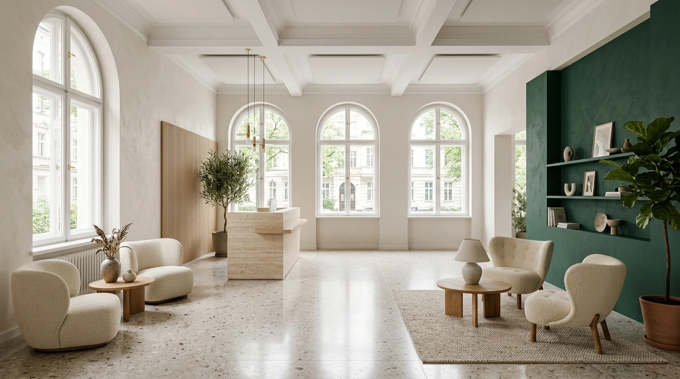 Heller Empfangsbereich und Patientenlounge der Zahnarztpraxis Smile Effect in Berlin