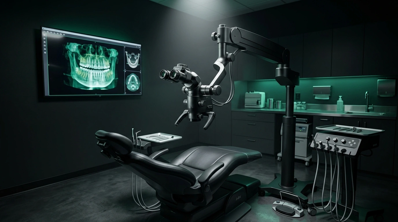 High-Tech Behandlungszimmer mit dentalem Operationsmikroskop und 3D-DVT-Tomographen