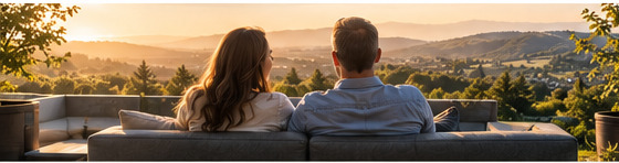 Paar blickt bei Sonnenuntergang über eine grüne Landschaft