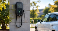 Wallbox neben einem Elektroauto an einem Wohnhaus