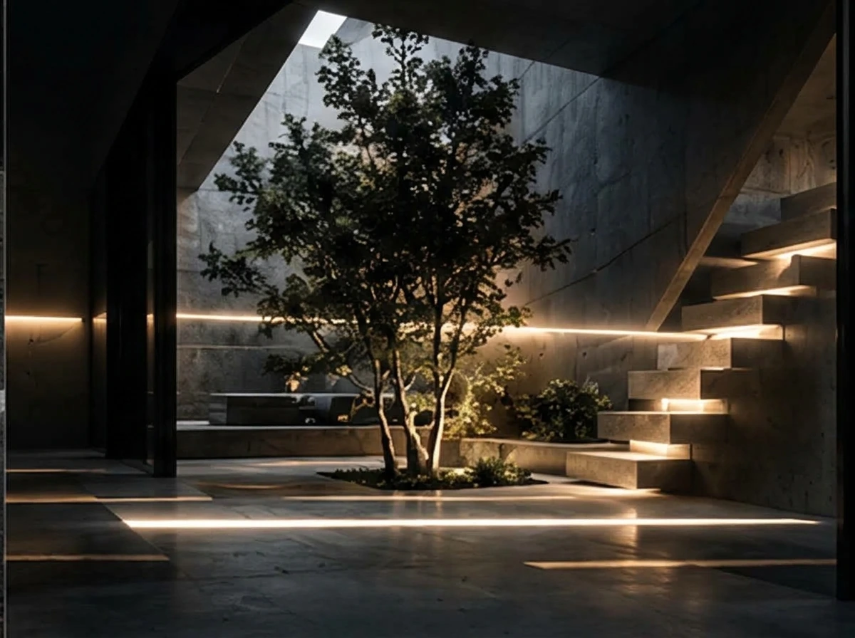 Architektonischer Innenhof mit beleuchteter Treppe