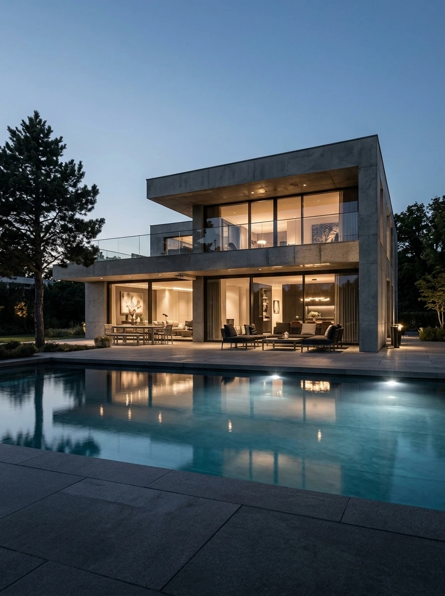 Villa mit Pool in der Abenddämmerung
