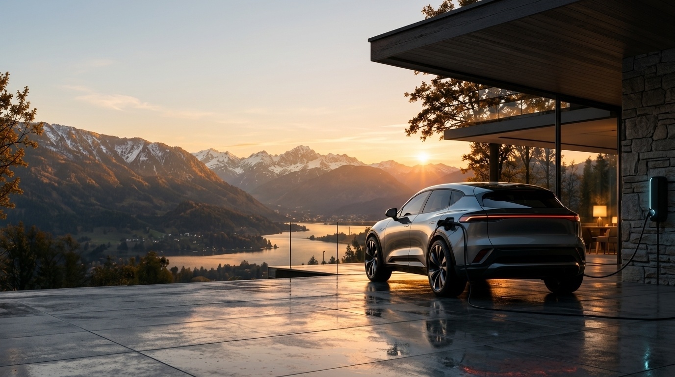 Premium Elektro-SUV an moderner Architektur vor alpiner Landschaft
