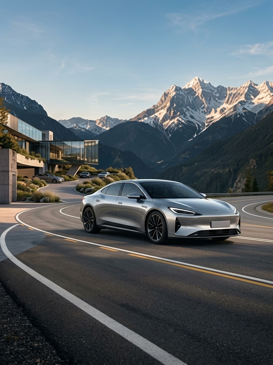 Elegante elektrische Limousine auf Bergstraße